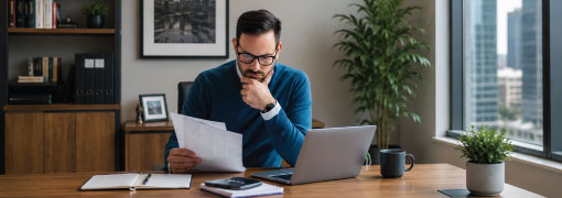A business professional reviews documents at a desk with a laptop, notebook, and city view nearby