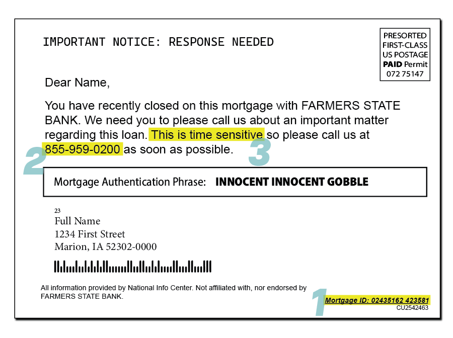 A deceptive postcard example 3, designed to look like an urgent notice from Farmers State Bank. The message urges the recipient to call regarding a mortgage, using a "Mortgage Authentication Phrase" and a fake mortgage ID. It states, "All information provided by National Info Center. Not affiliated with, nor endorsed by FARMERS STATE BANK."