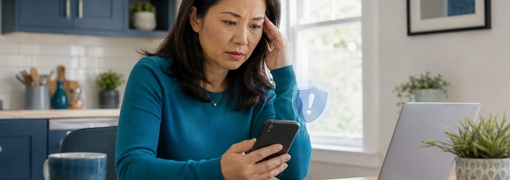 Woman reviewing a suspicious mobile banking alert to avoid scams and account fraud.