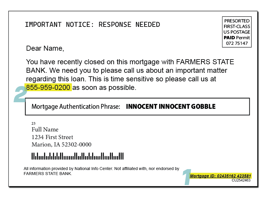 A deceptive postcard example 2, designed to look like an urgent notice from Farmers State Bank. The message urges the recipient to call regarding a mortgage, using a "Mortgage Authentication Phrase" and a fake mortgage ID. It states, "All information provided by National Info Center. Not affiliated with, nor endorsed by FARMERS STATE BANK."