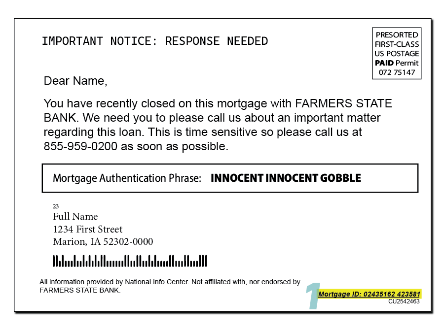 A deceptive postcard example 1, designed to look like an urgent notice from Farmers State Bank. The message urges the recipient to call regarding a mortgage, using a "Mortgage Authentication Phrase" and a fake mortgage ID. It states, "All information provided by National Info Center. Not affiliated with, nor endorsed by FARMERS STATE BANK."