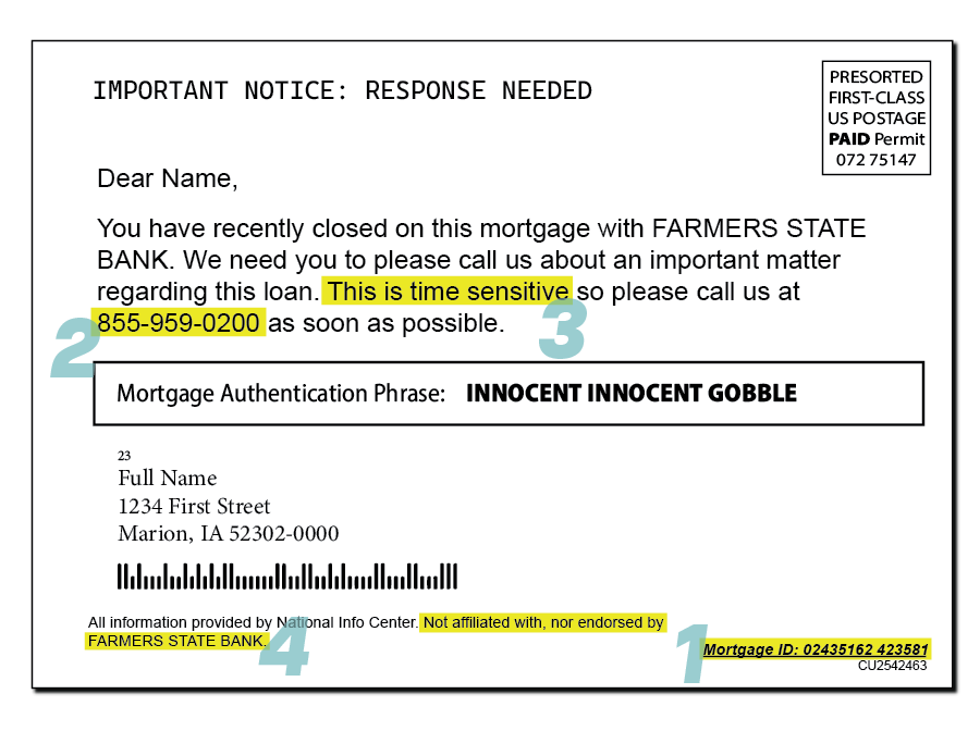 A deceptive postcard example 4, designed to look like an urgent notice from Farmers State Bank. The message urges the recipient to call regarding a mortgage, using a "Mortgage Authentication Phrase" and a fake mortgage ID. It states, "All information provided by National Info Center. Not affiliated with, nor endorsed by FARMERS STATE BANK."